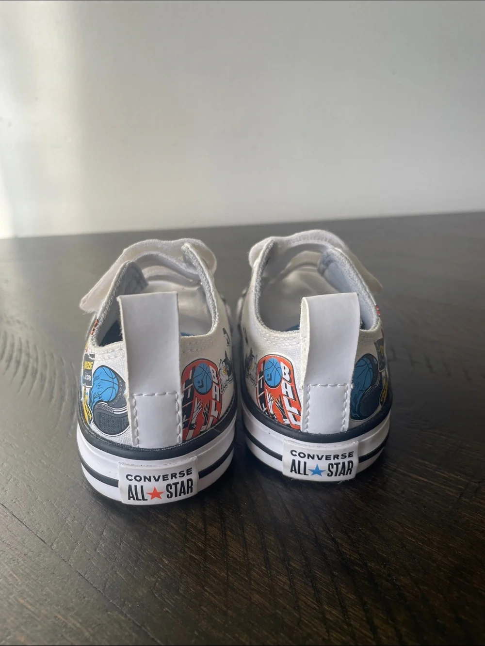 Converse Toddler White Canvas Velcro Sneakers with Sports Decals